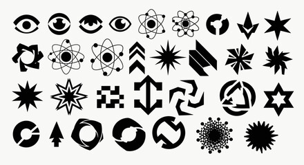 A collection of abstract geometric shapes and symbols, including eyes, atoms, stars, arrows, and circular designs, isolated on a