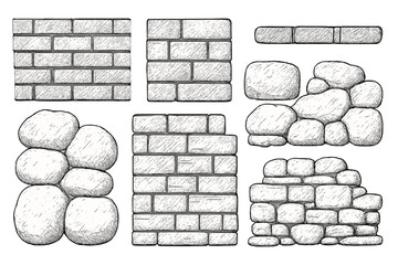 Hand-drawn brick and stone wall collection. Detailed sketch set with various masonry textures. Vector cartoon illustration of construction elements. Building material pattern.