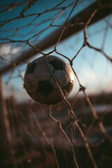 Weathered Football Entrapped in Frayed Netting Reflecting Past Games on Grassy Field