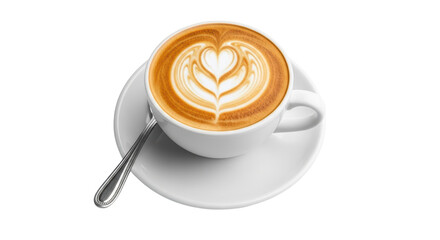 Isolated cappuccino cup with latte art in the form of heart for romantic drink offering