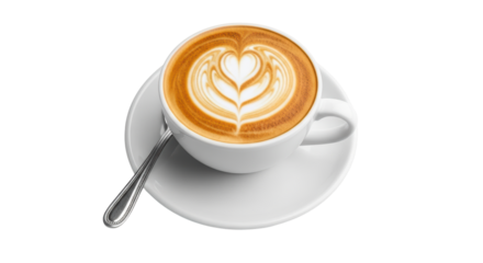 Isolated cappuccino cup with latte art in the form of heart for romantic drink offering