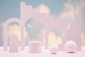 Minimal geometry cylinder podium table top with blue sky pink white cloud background.product placement pedestal modern stand display,surreal paradise dreamy concept.