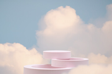 Minimal podium table top in outdoor on blue sky pink cloud background.Beauty cosmetic product placement pedestal modern stand display,surreal paradise dreamy concept.