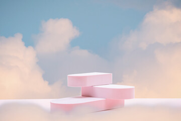 Minimal podium table top in outdoor on blue sky pink cloud background.Beauty cosmetic product placement pedestal modern stand display,surreal paradise dreamy concept.