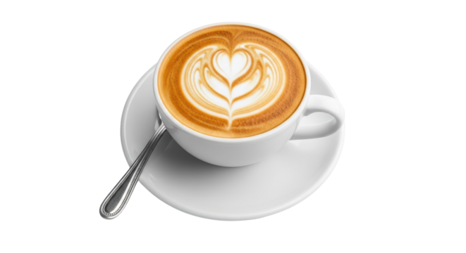 Isolated cappuccino cup with latte art in the form of heart for romantic drink offering