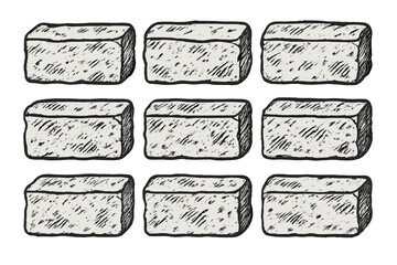 Hand drawn sketch of stone bricks set with rough texture for construction design. Vector cartoon illustration. Old rock blocks for wall masonry. Building material elements.