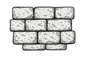 Hand drawn sketch of stone bricks set. Rough texture for construction design. Vector cartoon illustration of a wall. Building material pattern. Masonry block element.