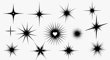 Collection of black starbursts and sparkles, including a star with a heart in the center, representing celebration, magic, and light