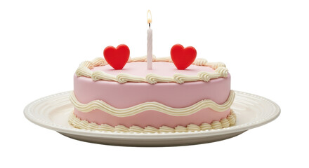 Isolated birthday cake with candle and red heart decorations for love or Valentine's day
