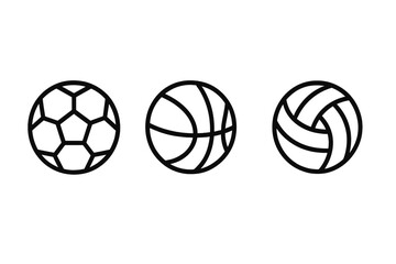 Sports balls line art icon set. Soccer, basketball, and volleyball symbols. Simple black outline vector illustration collection for graphic design elements and logos.