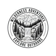 Circular emblem featuring a waterfall cascading through rocks, framed by trees and mountains, with text 