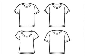 T-shirt outline vector set. Collection of blank white shirt mockups with various necklines and sleeve styles. Minimalist fashion apparel design templates for easy editing.