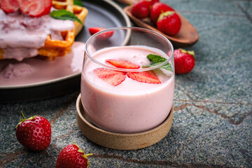 Dessert yogurt fresh cream cheese topping dessert with fresh strawberries and homemade waffles
