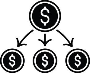 Visual Depiction of Money Distribution Using a Single Coin with Arrows Pointing Towards Three Additional Coins Representing Funds Allocation