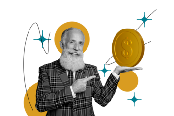 Composite trend artwork sketch image photo collage of monochrome aged man beard businessman hold coin dollar money finger point choose