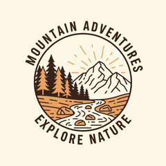 A retro-style circular emblem for mountain adventures featuring a sunlit peak, pine forest, and a winding river.