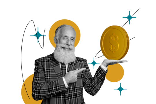 Composite trend artwork sketch image photo collage of monochrome aged man beard businessman hold coin dollar money finger point choose