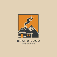 A minimalist logo design of a rustic log cabin with smoke from its chimney, set against a mountain peak inside a square frame.