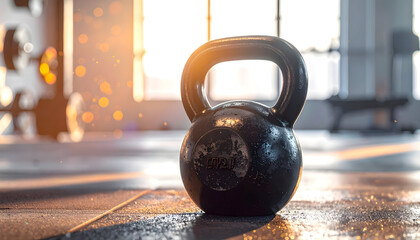 Strength training background with kettlebell and blurred glowing lights in gym.