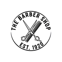 Vintage barber shop logo featuring crossed scissors and a comb within a circular emblem, with 
