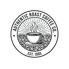 A vintage logo featuring a steaming coffee cup, surrounded by coffee beans, and text.