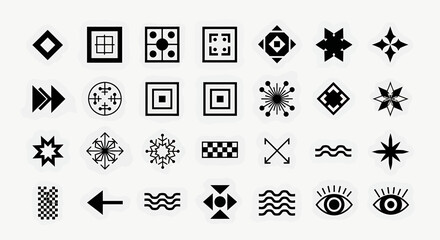 A collection of abstract geometric shapes and symbols, including stars, diamonds, arrows, eyes, and waves, isolated on a