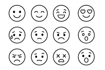 Simple line art emoticons with diverse facial expressions, digital communication icons, vector cartoon illustration set, transparent background, emotional faces, ordered set of 12 emoji faces