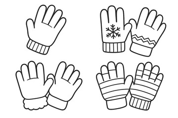 Set of winter gloves outline collection with various designs and patterns, vector cartoon illustration, knitted and warm mittens, cozy cold weather accessories, transparent background