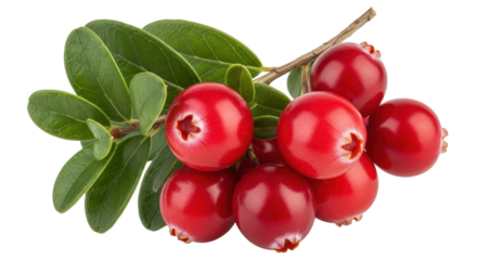 Isolated bunch of shiny lingonberries on a twig with leaves, a popular wild berry shrub