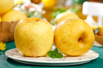 Fresh Fuji Apples with Water Droplets on Plate - Healthy Organic Fruit