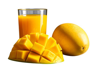 Whole Mango with Glass of Mango Juice, Front View, Isolated on Transparent Background
