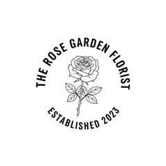 A black and white circular logo for The Rose Garden Florist, featuring a detailed line art rose illustration and the establishment date 2023.