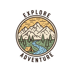 Circular emblem depicting a serene mountain landscape with a winding river, evergreen trees, and a camping tent, promoting exploration and adventure.