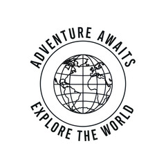 A black and white graphic design featuring a world globe within a circle, with the words 