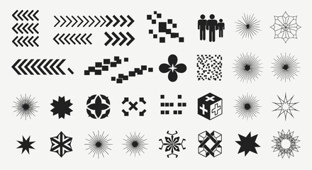 A collection of abstract geometric shapes and icons, including arrows, stars, pixelated elements, and minimalist figures, isolated on a