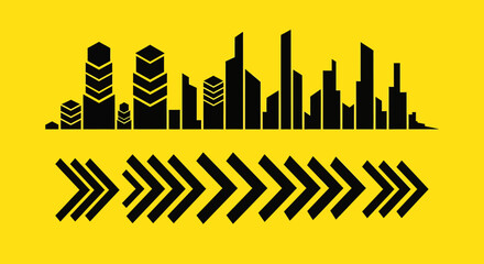 Vector illustration of a futuristic city skyline with dynamic arrows symbolizing urban development and forward progress on a yellow background