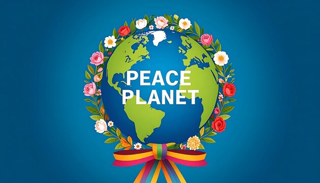 A vibrant graphic of Earth, surrounded by a wreath of colorful flowers and foliage, with the words "PEACE PLANET" centered on the globe. A rainbow ribbon decorates the bottom