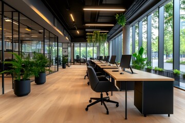 Naklejka premium Modern coworking space with plants and natural light illuminating workstations