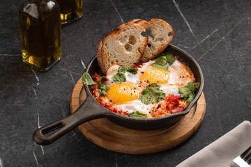 Freshly cooked eggs with herbs and toast served in a small skillet on a dark stone table
