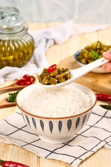 Pickled Vegetables with Rice - Traditional Asian Cuisine Meal Preparation