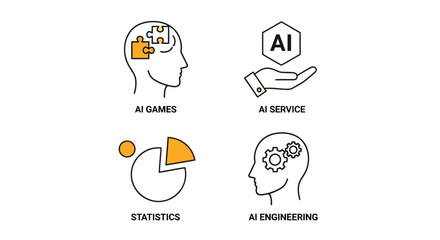 Fototapeta premium Vector illustration of artificial intelligence applications with icons, showcasing ai games, service, statistics, and engineering in vector design