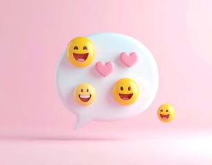 Happy Emojis Floating In A 3D Speech Bubble With Hearts For Social Media and Online Communication