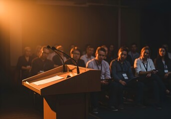 A sleek wooden podium with a microphone, starkly lit against a dark backdrop in a minimalist conference hall, a blurred audience of investors in the background