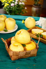 Fresh Golden Yellow Apples in Wicker Basket Ready to Pick - Rustic Kitchen Display