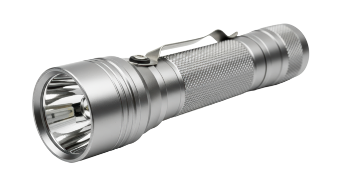 Isolated Silver Flashlight Tool for Outdoor Adventure or Emergency Kits on Display