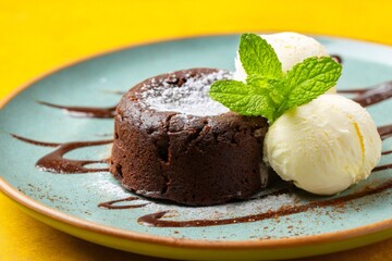 Chocolate fondant cake with vanilla ice cream, mint and chocolate sauce, served on a plate, placed on a yellow background