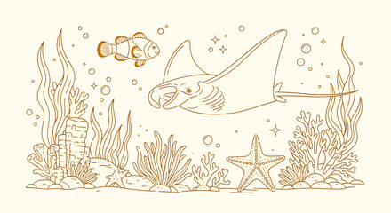Elegant line art illustration of a vibrant coral reef featuring a majestic manta ray and a clownfish swimming through the ocean depths
