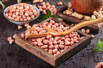 Fresh Raw Peanuts in Wooden Bowls - Healthy Snack Ingredients Display on Rustic Wood Background
