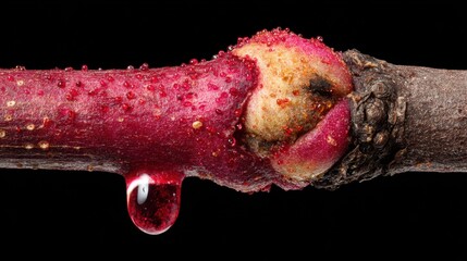 Close-Up of Nature's Sap on Tree Branch with Colorful Drops