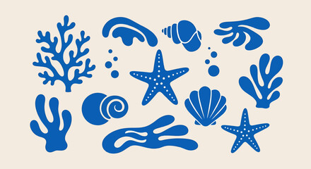 A collection of blue marine life silhouettes, including starfish, seashells, and coral, set against a light beige background, evoking a sense of the ocean and underwater world